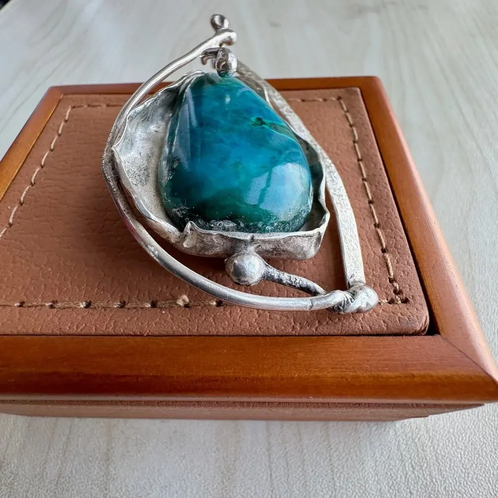 Vintage 925 Sterling Silver Chrysocolla Handmade Modernist Brooch Pin